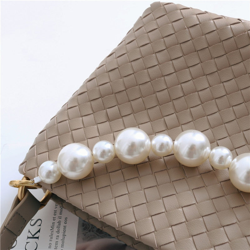 Womens Leather Woven Pearl Handle Shoulder Bag