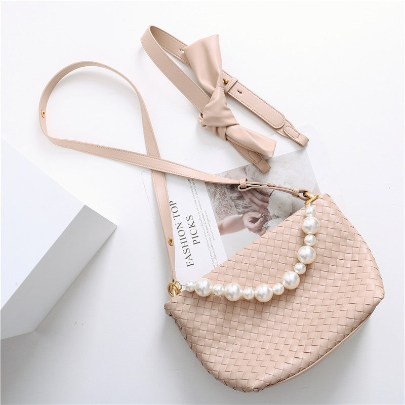 Womens Leather Woven Pearl Handle Shoulder Bag