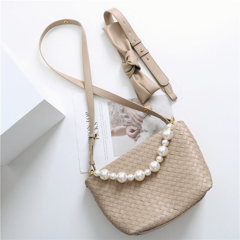 Womens Leather Woven Pearl Handle Shoulder Bag