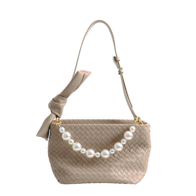 Womens Leather Woven Pearl Handle Shoulder Bag