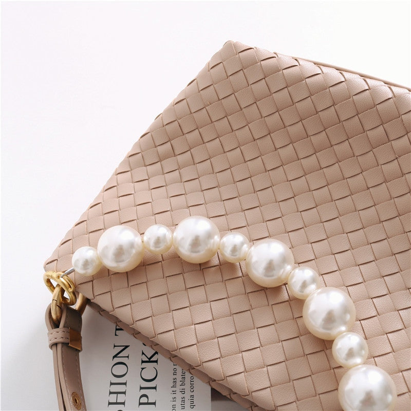 Womens Leather Woven Pearl Handle Shoulder Bag