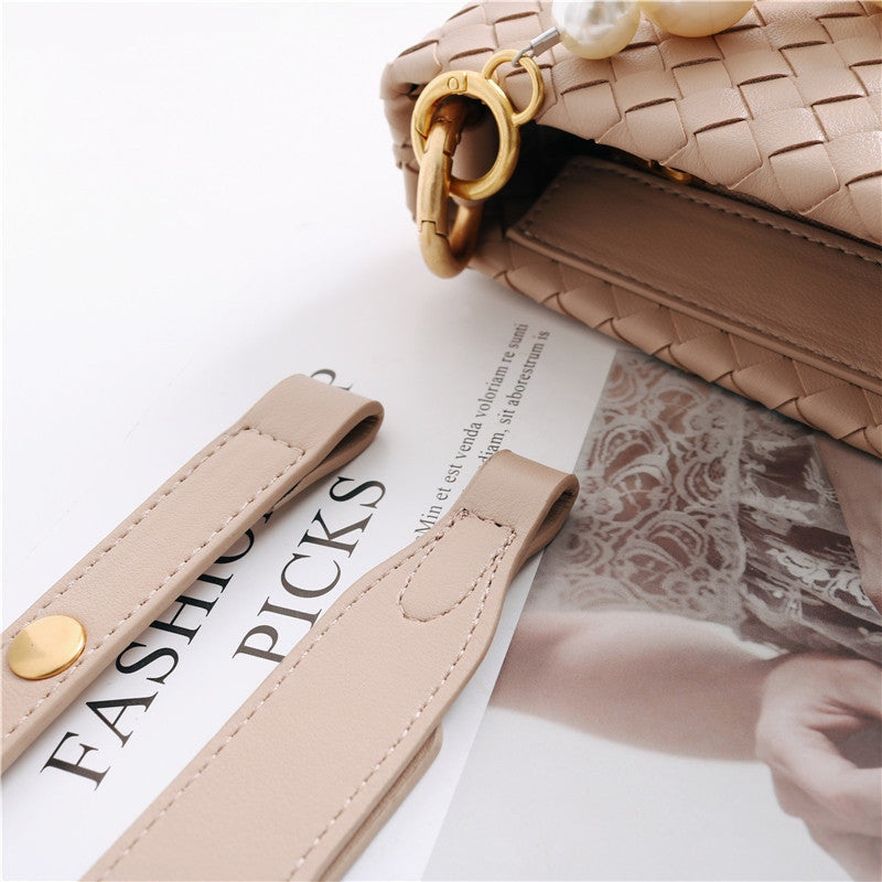 Womens Leather Woven Pearl Handle Shoulder Bag