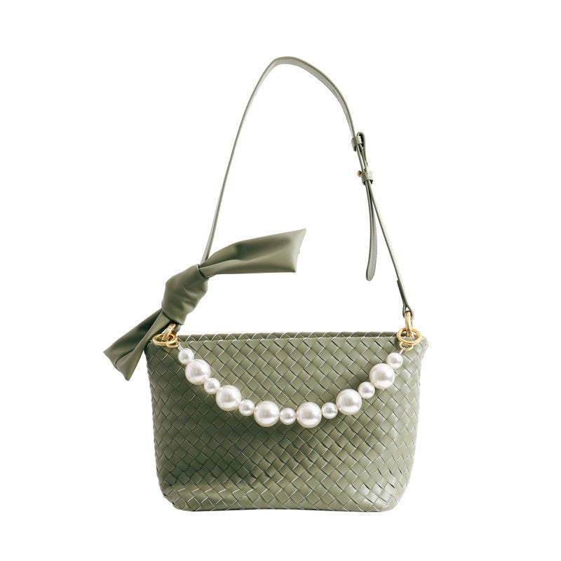 Womens Leather Woven Pearl Handle Shoulder Bag
