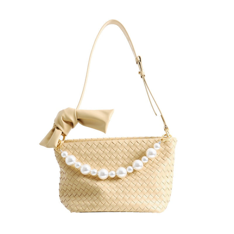 Womens Leather Woven Pearl Handle Shoulder Bag
