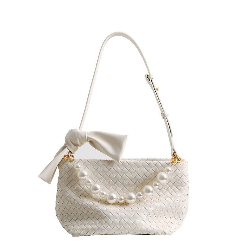 Womens Leather Woven Pearl Handle Shoulder Bag