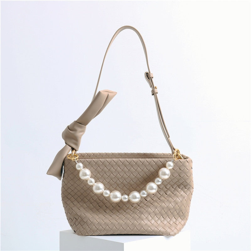 Womens Leather Woven Pearl Handle Shoulder Bag