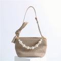 Womens Leather Woven Pearl Handle Shoulder Bag
