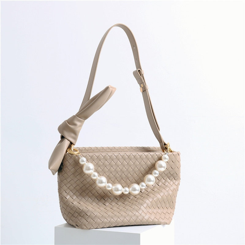 Womens Leather Woven Pearl Handle Shoulder Bag
