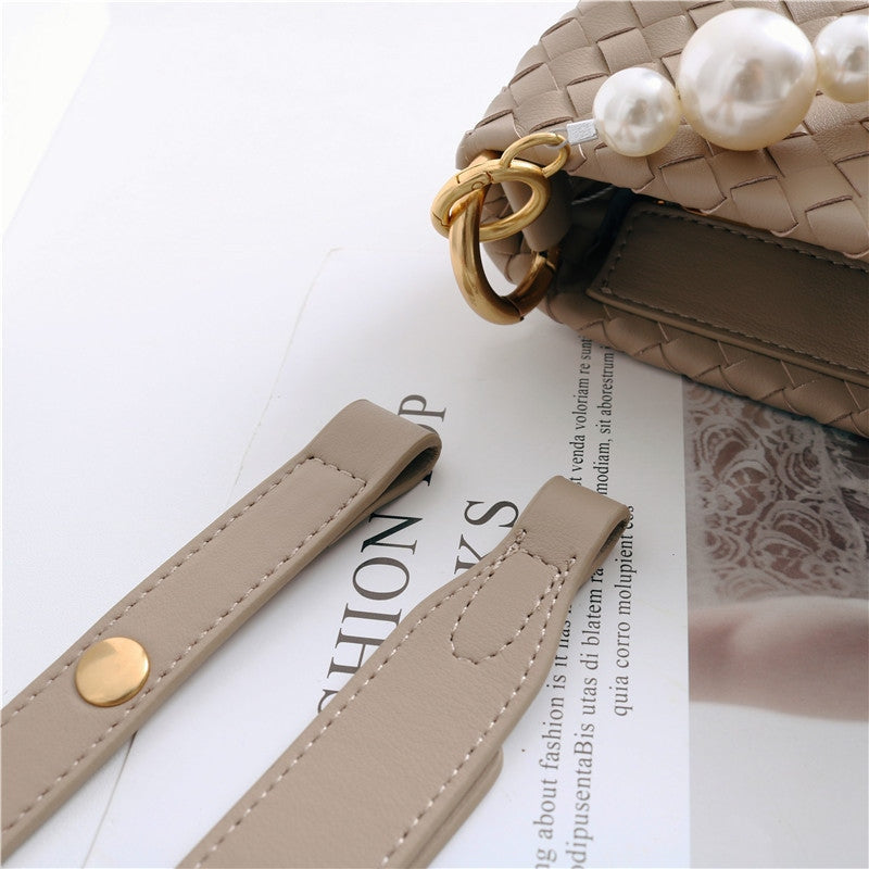 Womens Leather Woven Pearl Handle Shoulder Bag
