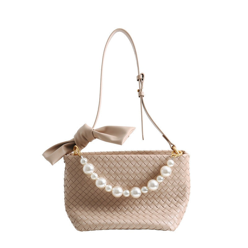 Womens Leather Woven Pearl Handle Shoulder Bag