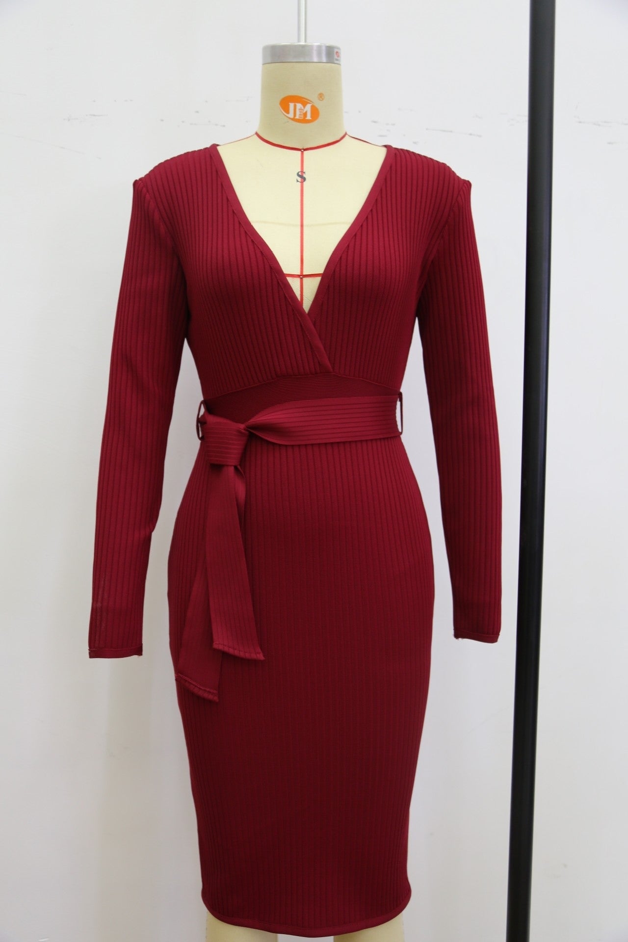 Women’s Long Sleeve Deep V Neck Draped Knee Length Bodycon Bandage Dress