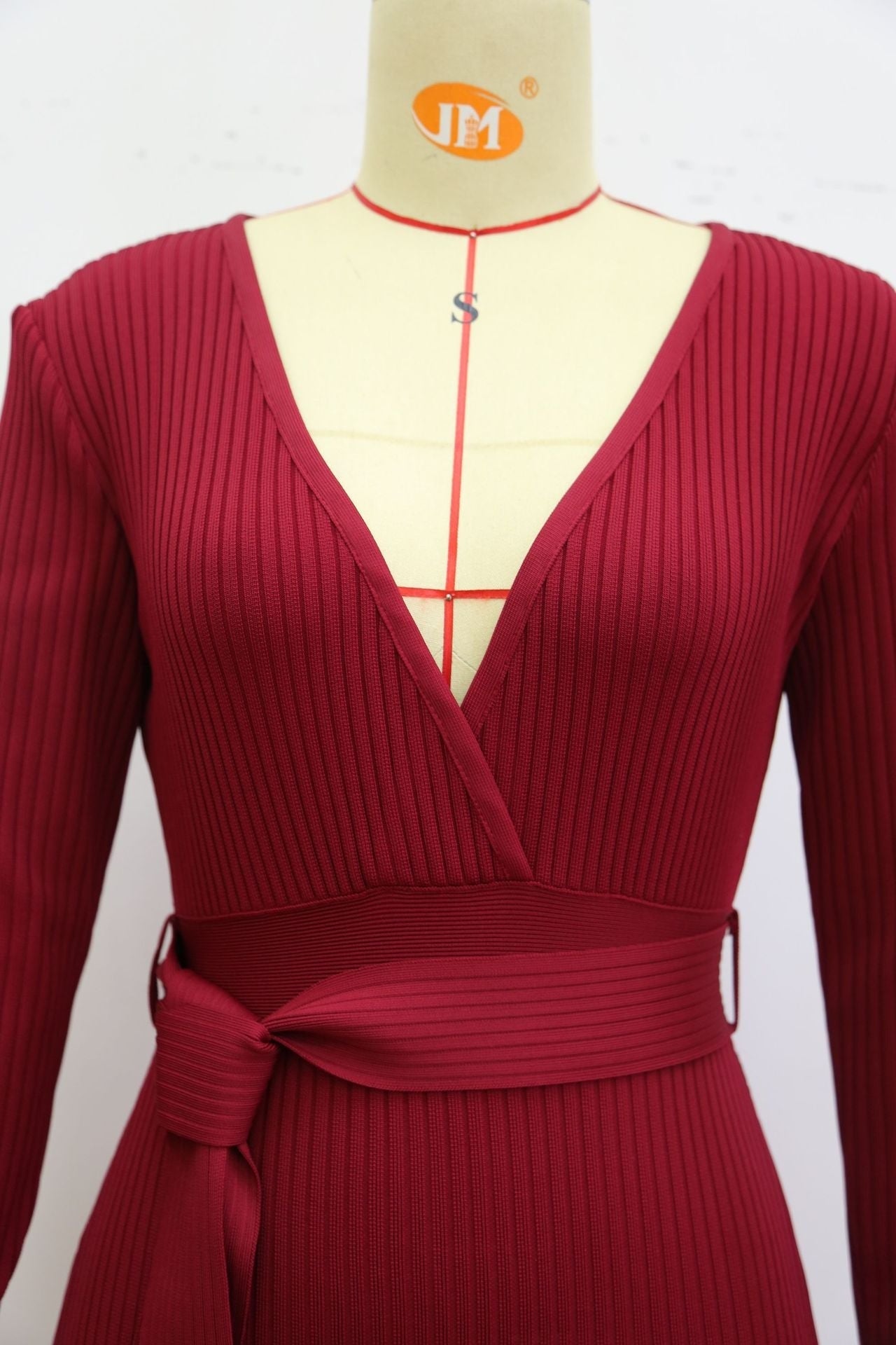 Women’s Long Sleeve Deep V Neck Draped Knee Length Bodycon Bandage Dress