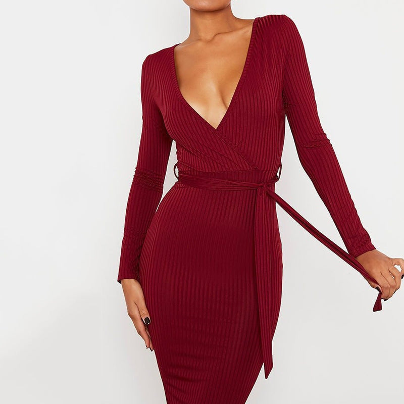 Women’s Long Sleeve Deep V Neck Draped Knee Length Bodycon Bandage Dress
