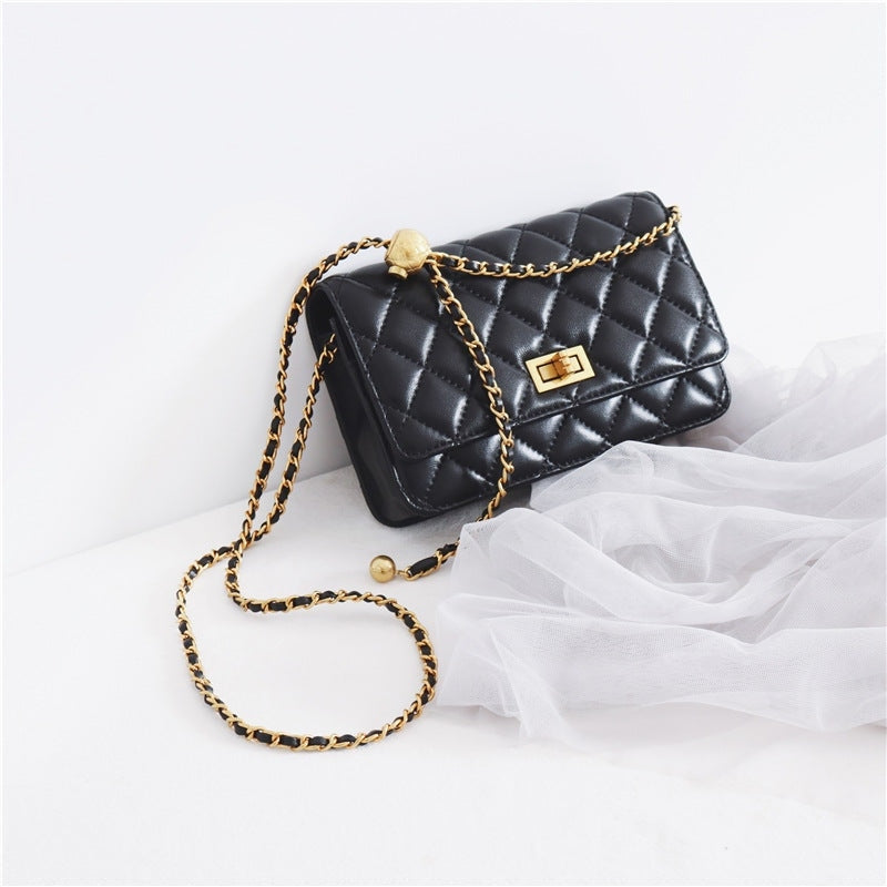 Women’s Mini Quilted Leather Shoulder Cross Body Clutch Bag With Ball Chain