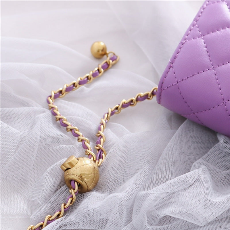 Women’s Mini Quilted Leather Shoulder Cross Body Clutch Bag With Ball Chain