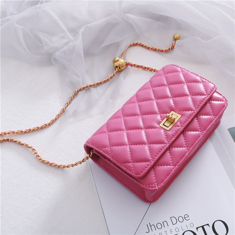 Women’s Mini Quilted Leather Shoulder Cross Body Clutch Bag With Ball Chain