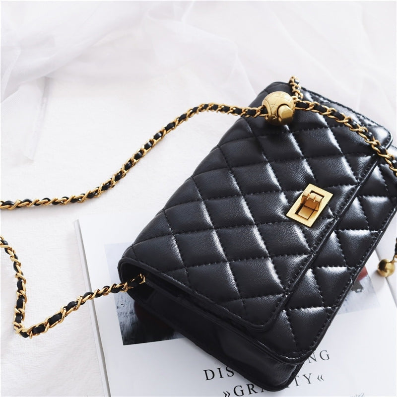 Women’s Mini Quilted Leather Shoulder Cross Body Clutch Bag With Ball Chain