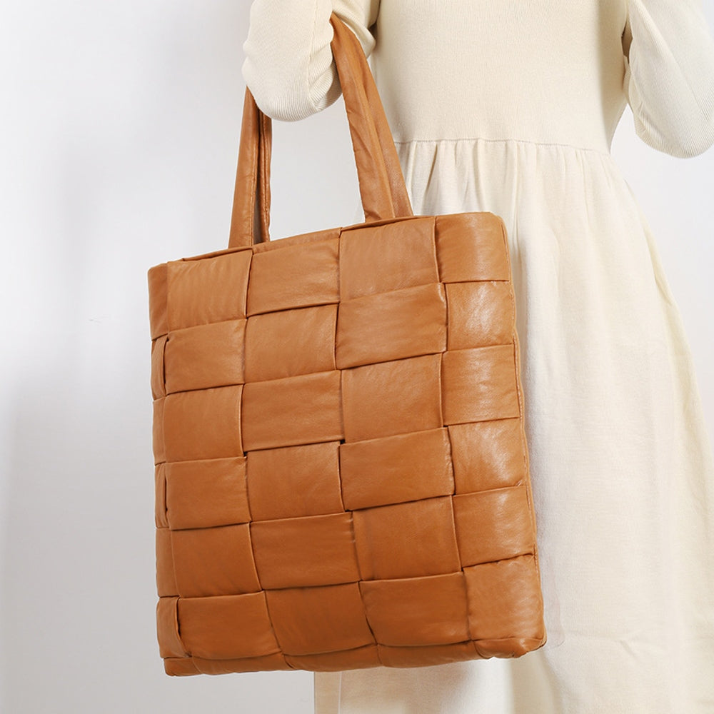 Womens PU Leather Woven Tote Bag Large Capacity Padded Quilted Shoulder Shopper