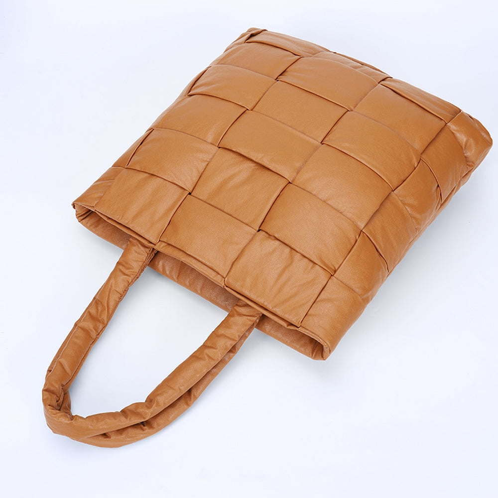 Womens PU Leather Woven Tote Bag Large Capacity Padded Quilted Shoulder Shopper