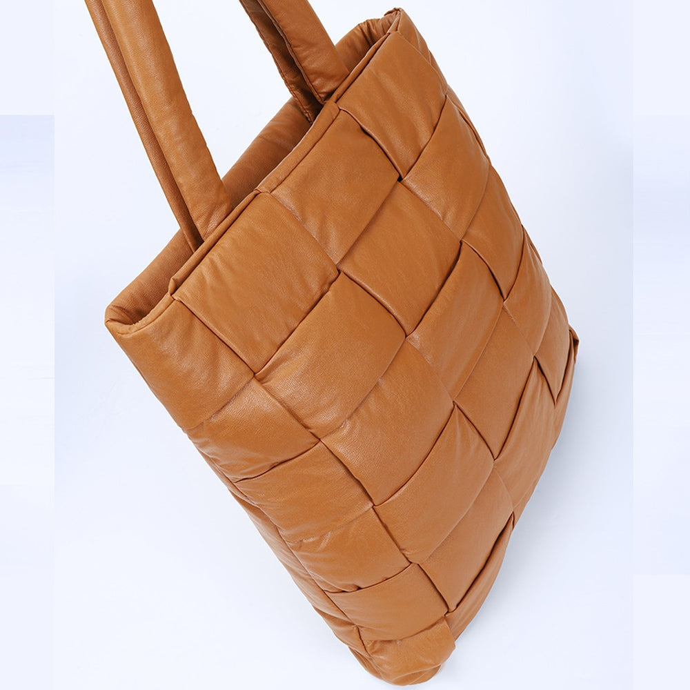 Womens PU Leather Woven Tote Bag Large Capacity Padded Quilted Shoulder Shopper