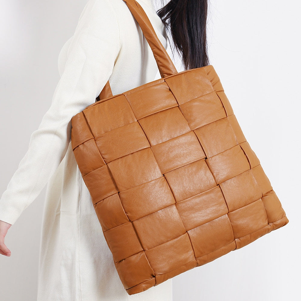 Womens PU Leather Woven Tote Bag Large Capacity Padded Quilted Shoulder Shopper
