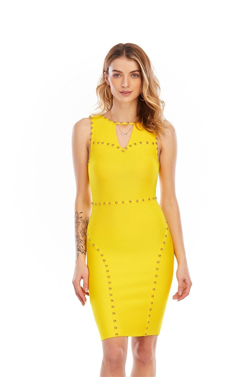 Women’s Sexy High Waist Hollow Out studded Dress Bodycon Celebrity Club Party Vestidos