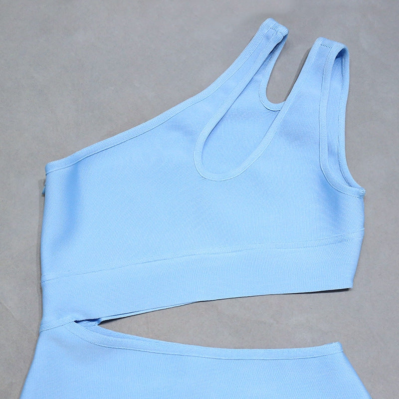 Women’s Sexy One Shoulder 2pcs Set Sleeveless Bodycon Knee Lengh Dress