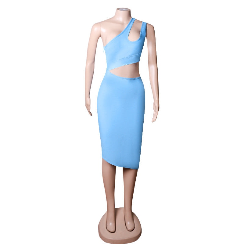 Women’s Sexy One Shoulder 2pcs Set Sleeveless Bodycon Knee Lengh Dress