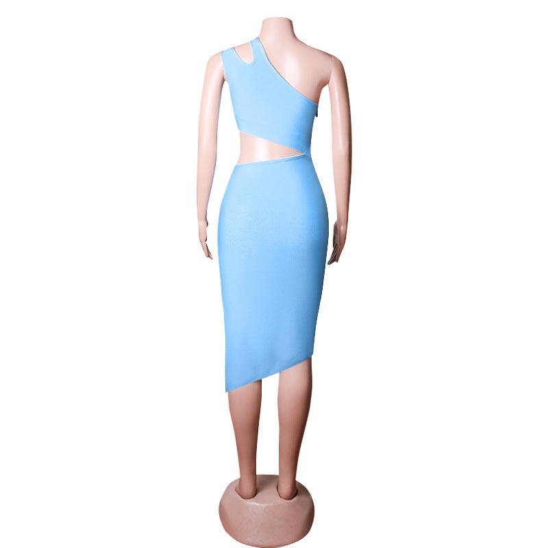 Women’s Sexy One Shoulder 2pcs Set Sleeveless Bodycon Knee Lengh Dress