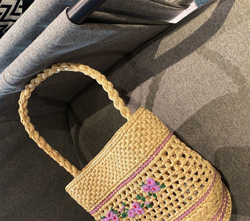 Women’s Straw Bag Medium Raffia Flower Woven Bucket Basket