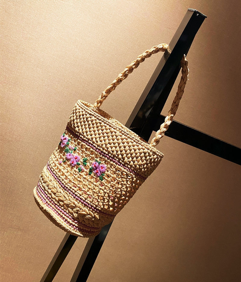Women’s Straw Bag Medium Raffia Flower Woven Bucket Basket