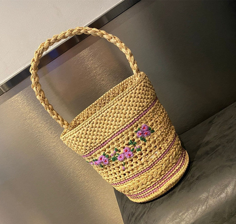 Women’s Straw Bag Medium Raffia Flower Woven Bucket Basket