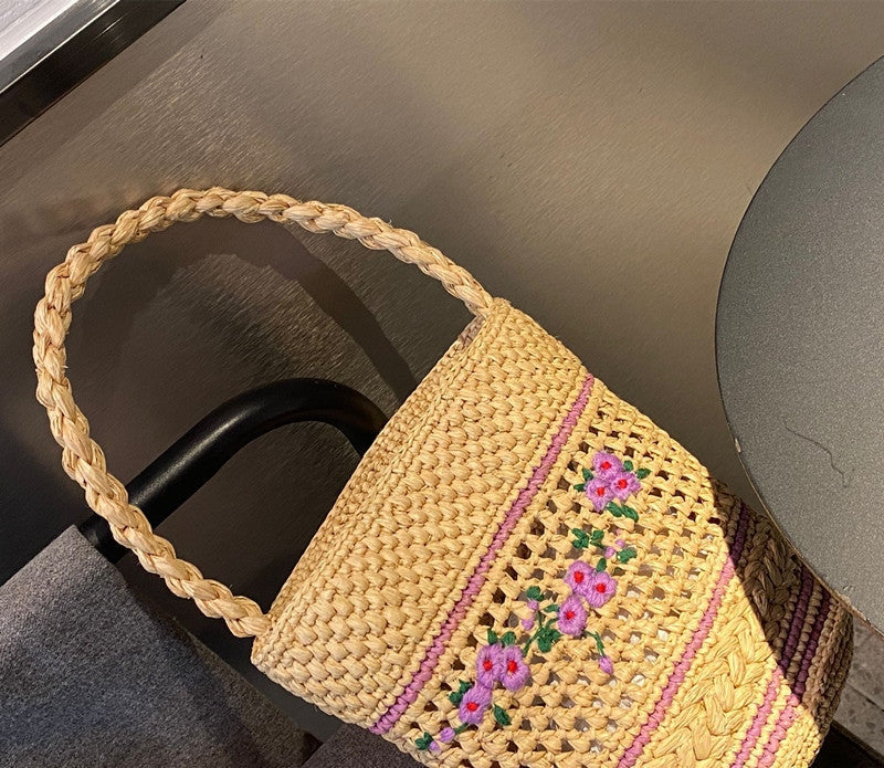 Women’s Straw Bag Medium Raffia Flower Woven Bucket Basket